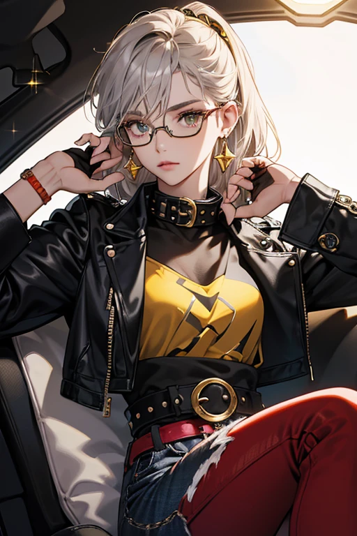 On her head, she sports glasses with tan rims and long gold earrings with green circular tops. She wears a black leather jacket with an upward collar and silver flat studs on the shoulders. Underneath, her black t-shirt includes a prism design, with light entering on side of a sphere and a ray of colors coming out of another side. She has black fingerless driving gloves with holes around the knuckles and on the back of her palm, a watch with a red strap on her right arm, and various bracelets on her left wrist: a gray studded bracelet, a gold band, and a black band, and a rounded red band. She also wears red jeans, a black belt, and black ankle boots. SPARKLE; GLITTER