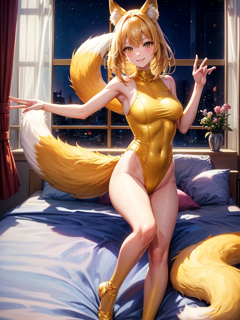 Highest quality,Highest Resolution,Beautiful smiling girl in a yellow fox leotard,High leg,Very beautiful eyes,Bedroom,Night view outside the window,((Fox tail)),