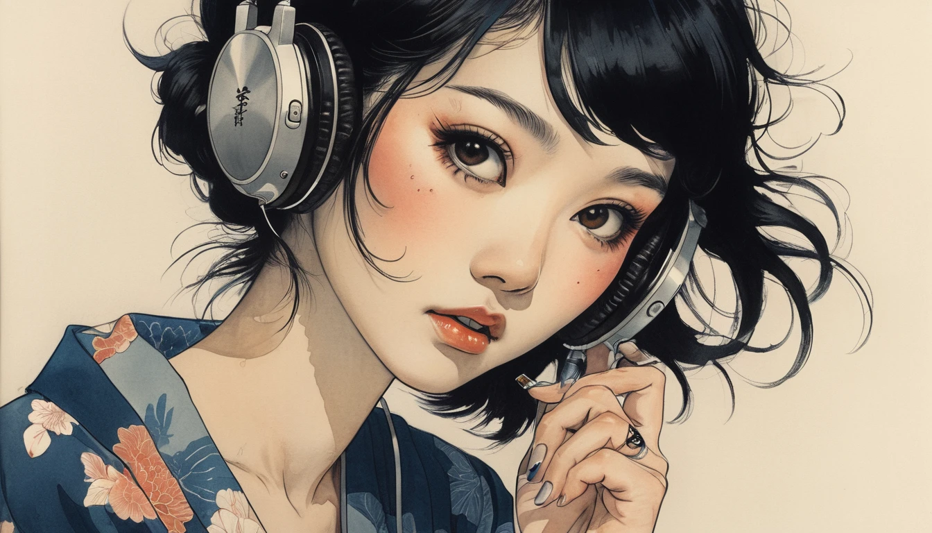 (((Smoking a cigarette))), TATOO on the face, Highest quality, Katsushika Hokusai, Ink Painting, (((1 girl))), Japanese style headphones, beautiful girl, Black Hair, Delicate and precise, Modern ukiyo-e style, Darkness