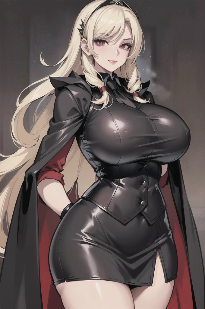 ((masterpiece, best quality, ultra-detailed, 8k:1.3)), 1girl, drill hair, blonde hair, hair accessories, red eyes, thick red lips, ((long white shirt, black long skirt, black vest, black tie, black cloak:1.3)), ((adult woman, mature woman, older woman, milf:1.3)), ((perfect body proportions, beautiful body, aesthetic body, perfect anatomy:1.3)), (closed clothing:1.2), long black gloves, office, mole under eye, seductive smile, ((huge breasts:1.3))