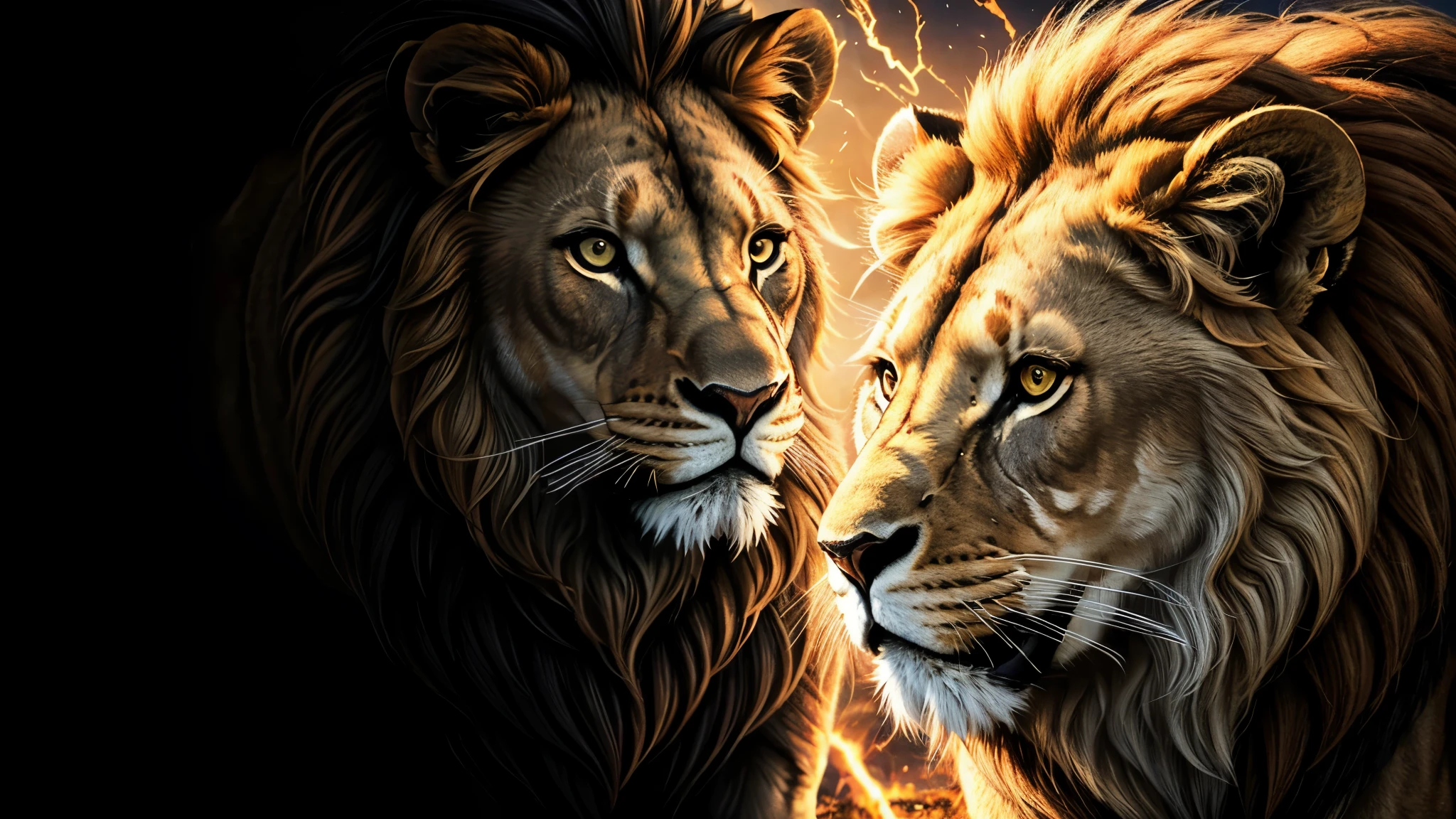 Lion, Divine Lion, naturals, naturals, ferocious, masculine, mighty, golden lion, Powerful Lion, beautiful nature, Great Realistic Lion, FullHD 8K, Light of sky, sunset night, Clear sky Sun, Black Golden, black andwhite, black and gold, detailed realistic face, 8K Detailed Realistic White Lion, Ultrarealistic 8k |Energia de thunder realista detalhada, Strong Creature realista detalhada, Strong Creature, Lion macho, Rendering, Fotorrealista 8K, UltraHD Alta definição 8K, Detailed Realistic 16K, Nitidez Fotorrealista 8K, 16K photorealistic textures, Contraste Fotorrealista 8K, Sombras Fotorrealistas 8K, Luzes Fotorrealistas 8K, Detailed realistic sunset, Detailed Realistic Lion Face, Detailed realistic light, detailed textures, thunder, detailed shadows, detailed colors, Celestial Electricity, Golden thunder, Lion realista, Ultra Realistic 16K, Realistic 16K, Realistic 16K sharpness, 16K photorealistic textures, 16K realistic colors, powerful creature, Majestic power, Power of Heaven, Great Divine, detailed contrast, realistic contrast, high resolution, detailed colors, fire, villany, divine creature, 8K, realistic detailed, 16K, 8K, High definition, detailed contrast, realistic contrast, high resolution, detailed colors, fire, villany, divine creature, realistic detailed, posh, chic