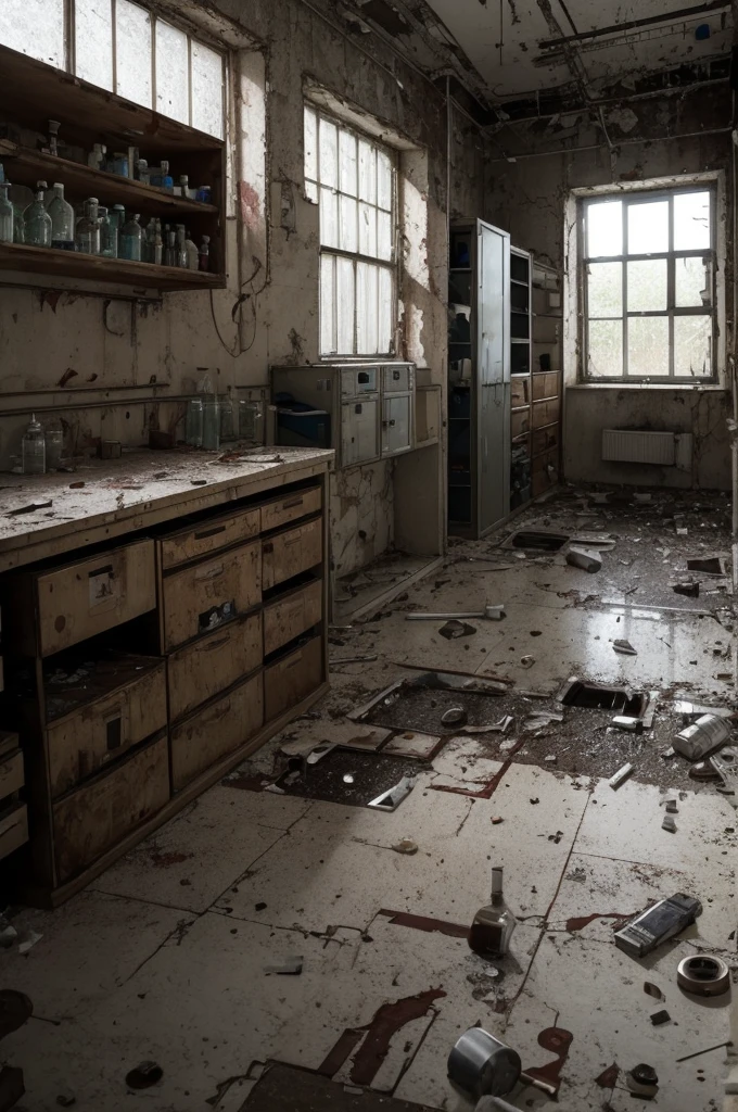 abandoned laboratory:
An abandoned secret laboratory, with broken bottles, bloodstains on the walls and scientific equipment left behind. Something terrible seems to have happened here.