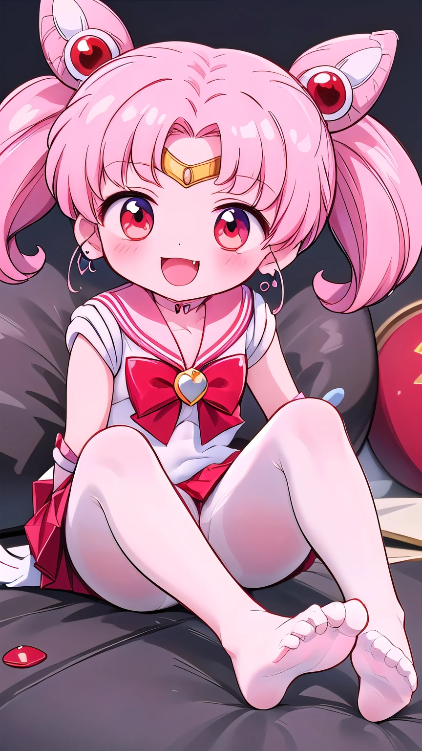 high quality,Sailor Moon,young年,Seven years old,cute,Metal hairpins,(),(Little Loli),Pink ,short hair,(Red hairpin),(Double tail),Sailor Suit,Red bow,White elbow gloves,Red Skirt,(White pantyhose:1.5),(young),(Smahort legs)(No shoes),Smile,Open your mouth,Fangs,sit,(Soles of the feet:2.0),(Raise your legs high),(Thick white tights:1.5)(Close-up of the soles of the feet:1.5)