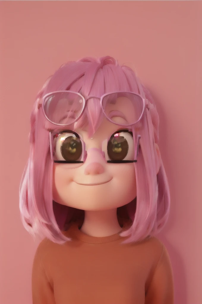 A closeup of a cartoon girl with pink hair and glasses, beautiful girl with short pink hair, pink iconic character, cute character da pixar, cute cartoon character, 3d rendering of a cute anime girl, beautiful 3d rendering, Lovely Digital Painting, in pixar style, inspired by Nara Yoshitomo, pixar cute character design, as a pixar character, cute character