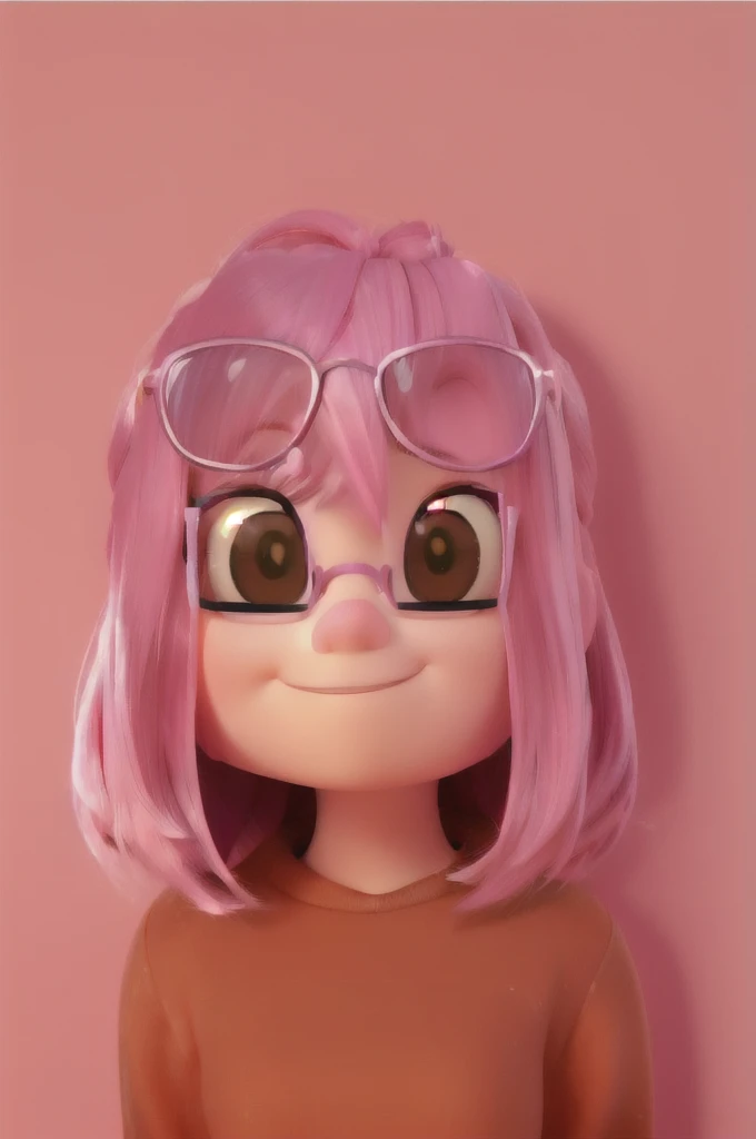 A closeup of a cartoon girl with pink hair and glasses, beautiful girl with short pink hair, pink iconic character, cute character da pixar, cute cartoon character, 3d rendering of a cute anime girl, beautiful 3d rendering, Lovely Digital Painting, in pixar style, inspired by Nara Yoshitomo, pixar cute character design, as a pixar character, cute character