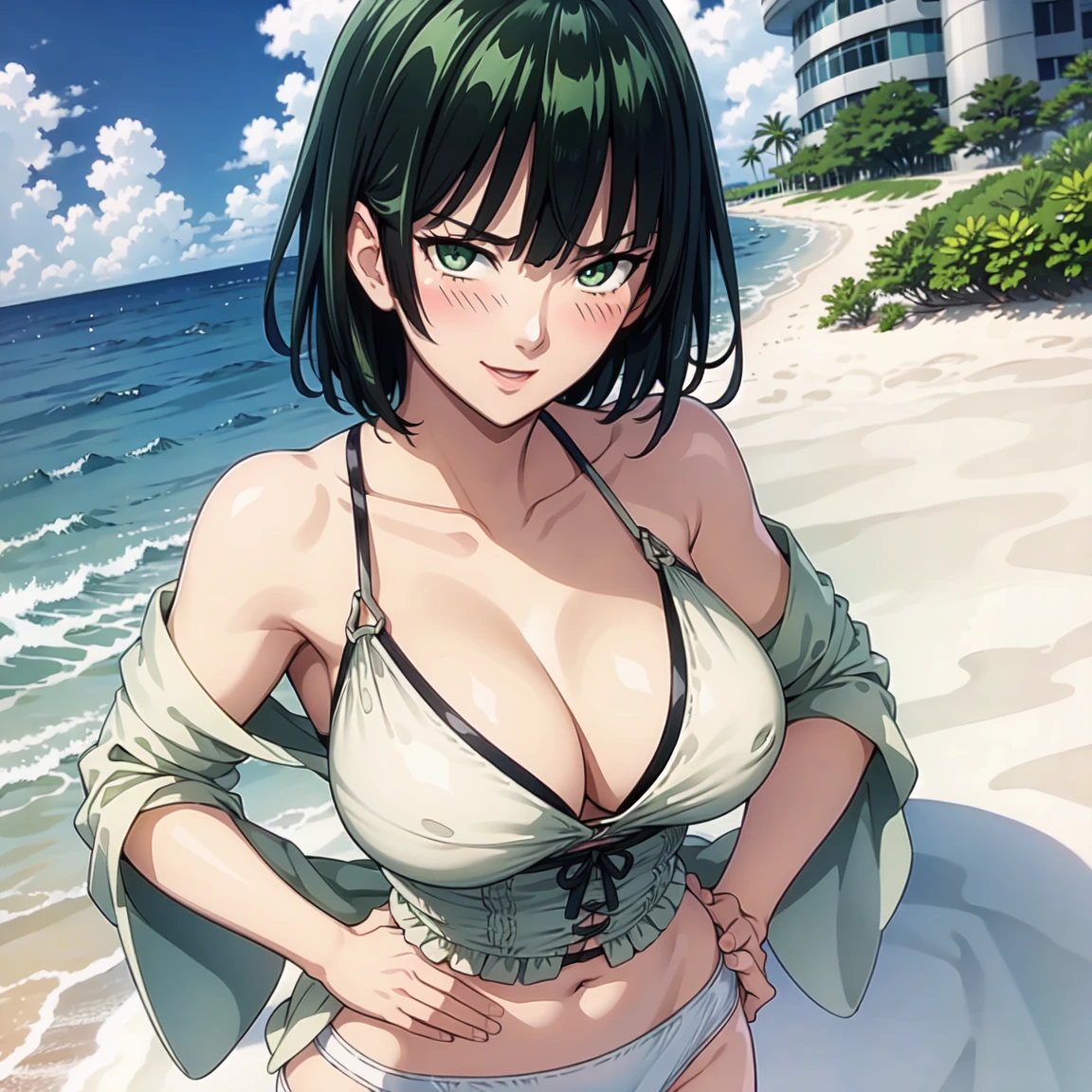 ((masterpiece)), (best quality:1.7), (detailed:1.4), (high res:1.4), 8k, (colorful:1.5), high resolution, sharped image, 4k, hd, (beautiful detailed background:1.2), (beautiful lighting:1.2), (highly detailed:1.2), perfect lighting, (8k wallpaper:1.2), (highly detailed:1.2), (extremely detailed CG:1.2), 2d, ((1girl)), solo, fubuki_opm, black hair, green hair, green eyes, short hair, big breasts, curvy body, cowboy shot, white robe on shoulders, white bikini, beach, sand, sea, clouds, sky, blue sky, ((looking at viewer)), (city), ((hands on own hips)), (smile), ((blush))