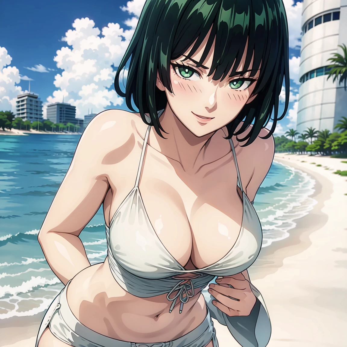 ((masterpiece)), (best quality:1.7), (detailed:1.4), (high res:1.4), 8k, (colorful:1.5), high resolution, sharped image, 4k, hd, (beautiful detailed background:1.2), (beautiful lighting:1.2), (highly detailed:1.2), perfect lighting, (8k wallpaper:1.2), (highly detailed:1.2), (extremely detailed CG:1.2), 2d, ((1girl)), solo, fubuki_opm, black hair, green hair, green eyes, short hair, , curvy body, cowboy shot, white robe on shoulders, white bikini, beach, sand, sea, clouds, sky, blue sky, ((looking at viewer)), (city), ((hands on own hips)), (smile), ((blush))