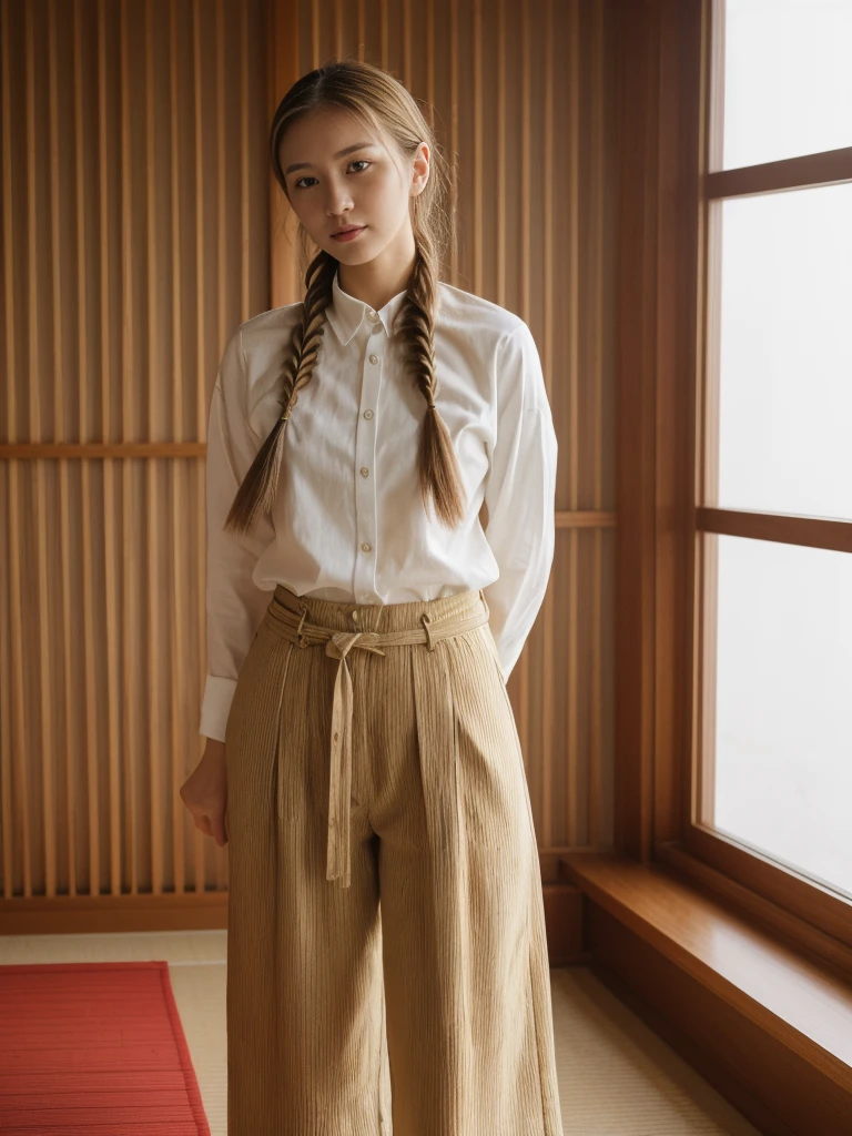 her name is Asako, high quality, 1girl, ((20-year-old fit Caucasian woman)), ((20 years old)), ((slim)), ((Fishtail Braid hair)), pose: standing, wearing aesthetic Generation-Z modern wear different colored, BACKGROUND: "In a traditional tatami room, with sliding shoji screens and a low wooden table set for tea."