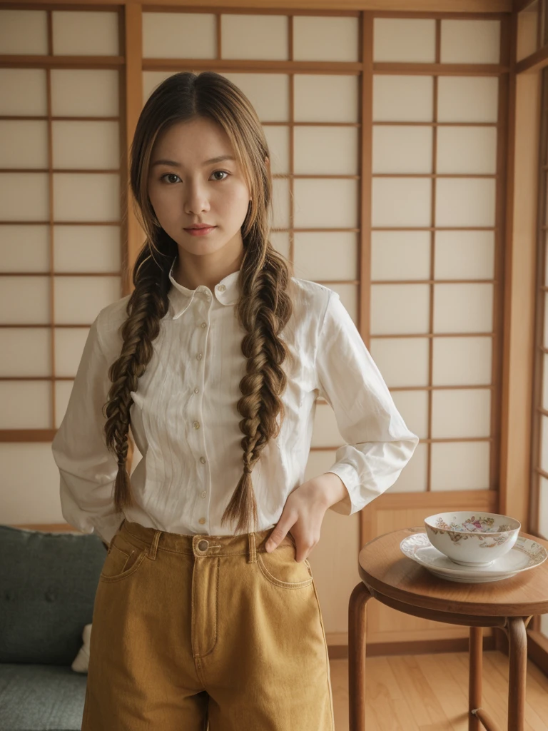 her name is Asako, high quality, 1girl, ((20-year-old fit Caucasian woman)), ((20 years old)), ((slim)), ((Fishtail Braid hair)), pose: standing, wearing aesthetic Generation-Z modern wear different colored, BACKGROUND: "In a traditional tatami room, with sliding shoji screens and a low wooden table set for tea."