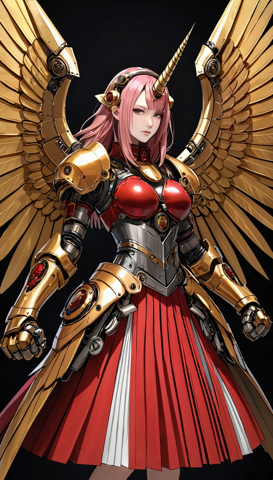 unicorn horn,metal spiral sharp corners,in style of Santiago Caruso,
huge mechanical angel wings,mechanical_halo,1 girl,mechanical wrist,mechanical skirt with pleated skirt,(huge makeover mechanical fists:1.5),the fist flashed red,