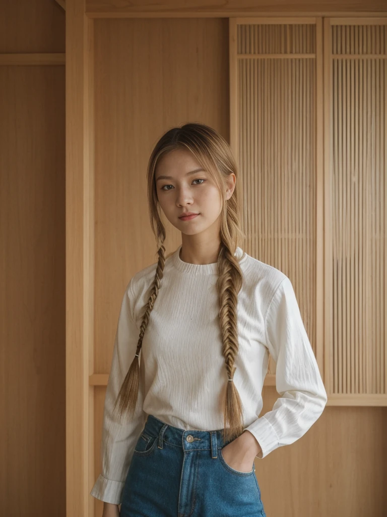 her name is Asako, high quality, 1girl, ((20-year-old fit Caucasian woman)), ((20 years old)), ((slim)), ((Fishtail Braid hair)), pose: standing, wearing aesthetic Generation-Z modern wear different colored, BACKGROUND: "In a traditional tatami room, with sliding shoji screens and a low wooden table set for tea."