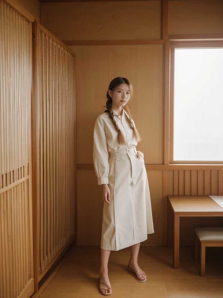 her name is Asako, high quality, 1girl, ((20-year-old fit Caucasian woman)), ((20 years old)), ((slim)), ((Fishtail Braid hair)), pose: standing, wearing aesthetic Generation-Z modern wear different colored, BACKGROUND: "In a traditional tatami room, with sliding shoji screens and a low wooden table set for tea."