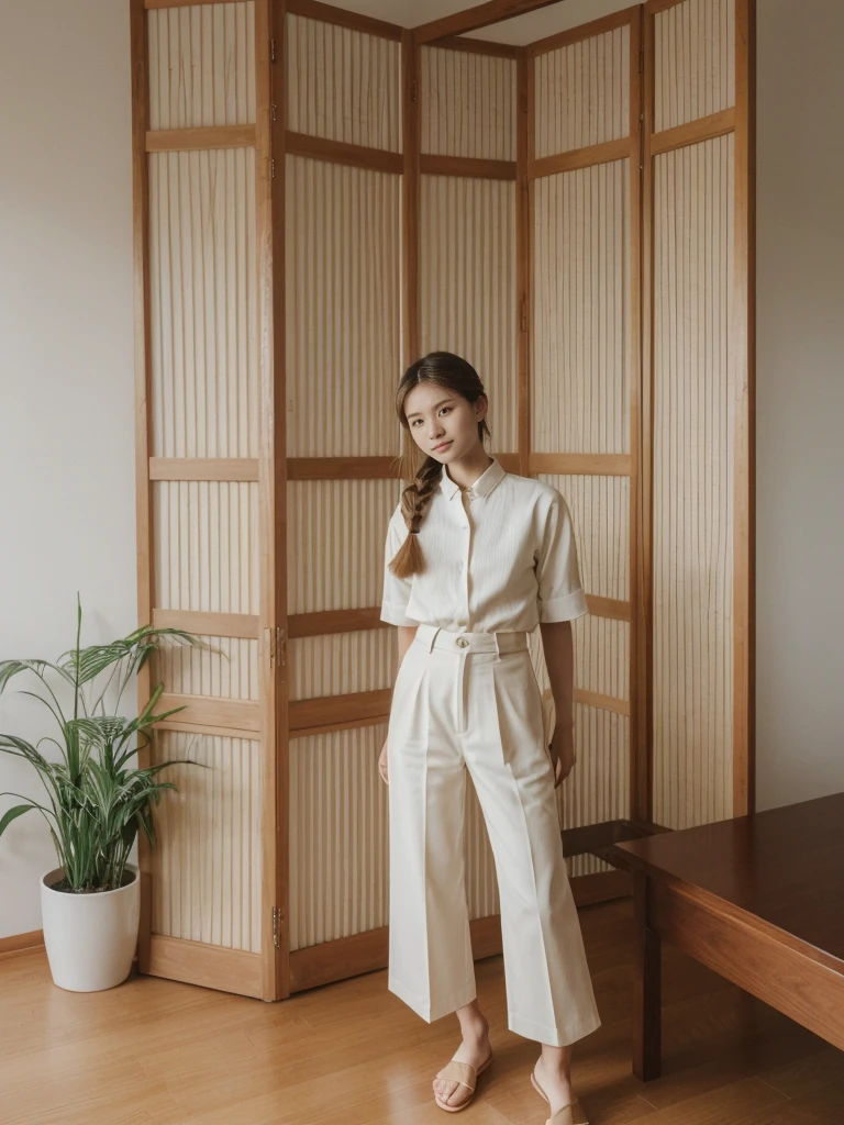 her name is Asako, high quality, 1girl, ((20-year-old fit Caucasian woman)), ((20 years old)), ((slim)), ((Fishtail Braid hair)), pose: standing, wearing aesthetic Generation-Z modern wear different colored, BACKGROUND: "In a traditional tatami room, with sliding shoji screens and a low wooden table set for tea."