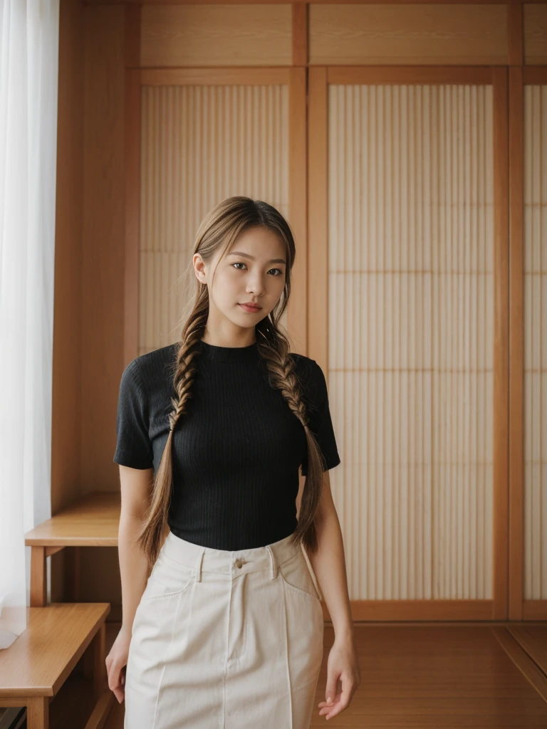 her name is Asako, high quality, 1girl, ((20-year-old fit Caucasian woman)), ((20 years old)), ((slim)), ((Fishtail Braid hair)), pose: standing, wearing aesthetic Generation-Z modern wear different colored, BACKGROUND: "In a traditional tatami room, with sliding shoji screens and a low wooden table set for tea."