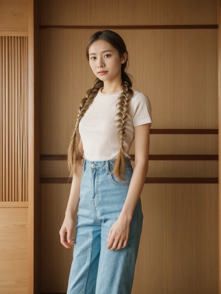 her name is Asako, high quality, 1girl, ((20-year-old fit Caucasian woman)), ((20 years old)), ((slim)), ((Fishtail Braid hair)), pose: standing, wearing aesthetic Generation-Z modern wear different colored, BACKGROUND: "In a traditional tatami room, with sliding shoji screens and a low wooden table set for tea."