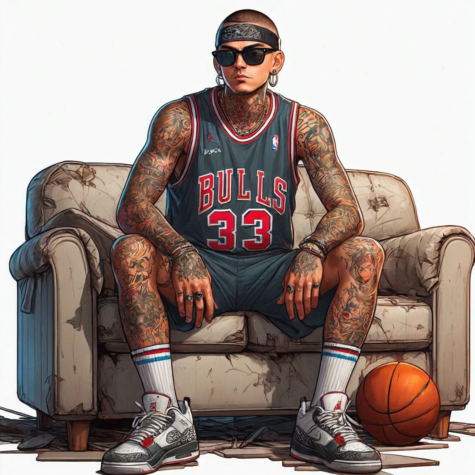 arafed man sitting on a couch with a basketball ball and sunglasses, wearing nba jersey, by Eddie Mendoza, style of gta v artworks, bad bunny, court sketch art, style of seb mckinnon, ultra realistic illustration, by Dave Arredondo, realistic illustration, highly detailed character design, hyper realistic illustration, hyperrealistic illustration, concept art like ernest khalimov