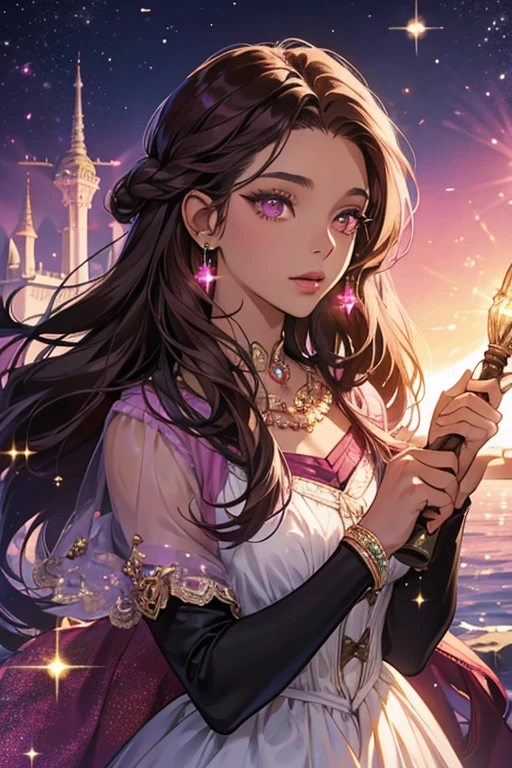 Gisèle is a woman with dark skin, magenta eyes and a dark brown hair formed in locs. SPARKLE; GLITTER