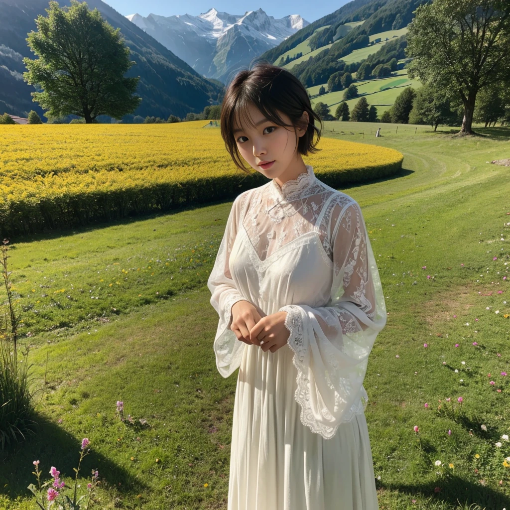 category : beauty photo theme : natural lace : Short Heonguk young woman 1 : 35-year-old woman : short medium hair, outdoor , Switzerland's green meadows with a lake in the distance, side view . Create a beautiful atmosphere , wind blowing effect, Beautiful facial expressions , elegant pose .smile at the camera: : tall flower garden, blue sky , Wearing high-end luxury brand knits and pants, comfortable shoes, wind blowing camera : Taken using Canon eos 90d DSLR camera with 18-135mm lens , Detailed skin texture , detailed face , enlargement , low exposure angle : high dynamic range (HDR) launch