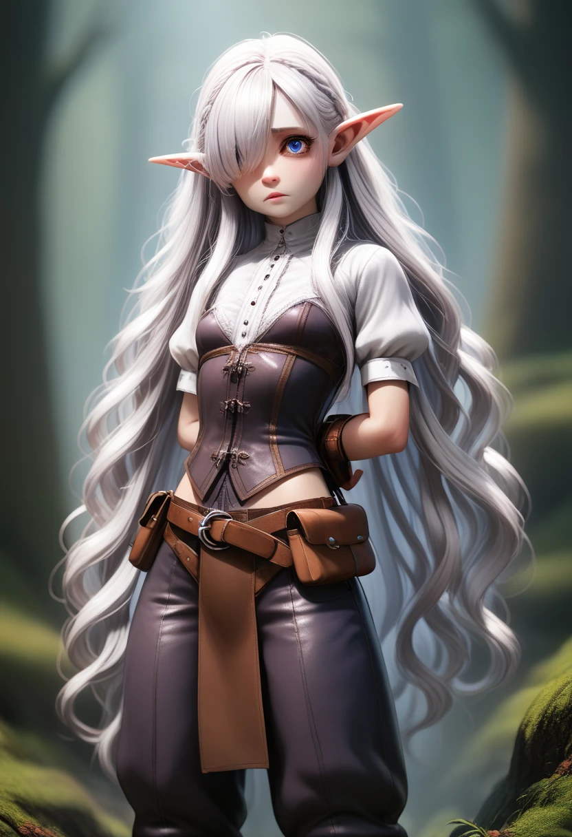 a girl with pale skin, short stature, very long wavy silver hair covering one eye, small breasts, pouty lips, and bright blue anime-style eyes with long lashes, wearing a corset, white puffy long sleeved shirt, and puffy cloth pants, leather bound boots, set in a windy fantasy landscape, (best quality,4k,8k,highres,masterpiece:1.2),ultra-detailed, dungeons and dragons, long elf ears, small girl, detailed skin and cloth textures, cute detailed face, intricate details, extremely detailed, 1girl, dynamic pose with hair covering one eye, shy personality, puffy cloth pants with leather belt, detailed privateer outfit, detailed buccaneer outfit, pouch on belt, wearing ornate leather armor with fur trim, silver inlay detail, wearing fur trimmed boots, wearing fur trimmed gloves, short, short height, halfing girl, small girl, very long detailed flowing hair, big head, big round eyes, windy, wind blown hair, wirey muscles, fighter