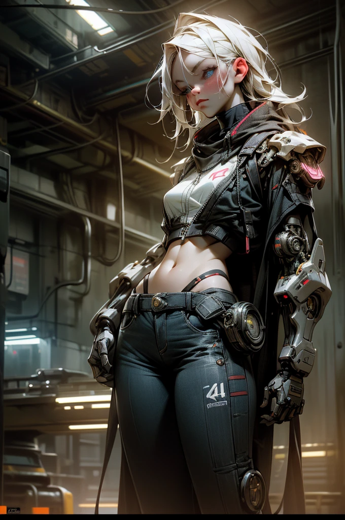 1 girl, white hair, blue eyes, flawless face, high-tech bra, exposed midriff, high-tech arms, pants, high-tech sneakers, serious pose, Mecha robot beside the girl, (best quality,4k,8k,highres,masterpiece:1.2),ultra-detailed,(realistic,photorealistic,photo-realistic:1.37),extremely detailed eyes and face,longeyelashes,futuristic,cyberpunk,chiaroscuro lighting,dramatic lighting,neon colors,glowing details