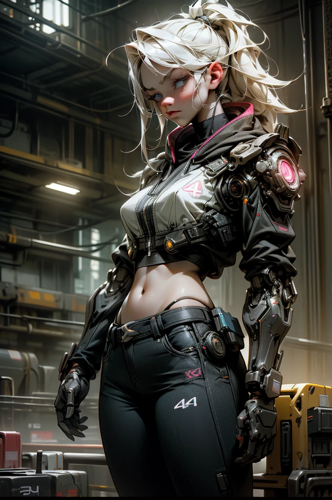 1 girl, white hair, blue eyes, flawless face, high-tech bra, exposed midriff, high-tech arms, pants, high-tech sneakers, serious pose, Mecha robot beside the girl, (best quality,4k,8k,highres,masterpiece:1.2),ultra-detailed,(realistic,photorealistic,photo-realistic:1.37),extremely detailed eyes and face,longeyelashes,futuristic,cyberpunk,chiaroscuro lighting,dramatic lighting,neon colors,glowing details