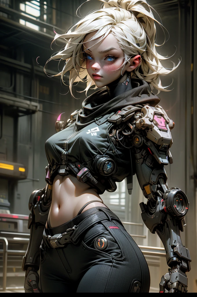 1 girl, white hair, blue eyes, flawless face, high-tech bra, exposed midriff, high-tech arms, pants, high-tech sneakers, serious pose, Mecha robot beside the girl, (best quality,4k,8k,highres,masterpiece:1.2),ultra-detailed,(realistic,photorealistic,photo-realistic:1.37),extremely detailed eyes and face,longeyelashes,futuristic,cyberpunk,chiaroscuro lighting,dramatic lighting,neon colors,glowing details