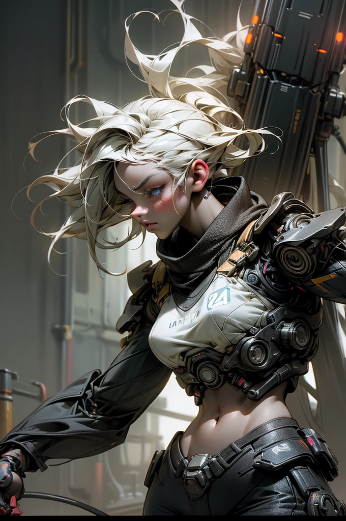 1 girl, white hair, blue eyes, flawless face, high-tech bra, exposed midriff, high-tech arms, pants, high-tech sneakers, serious pose, Mecha robot beside the girl, (best quality,4k,8k,highres,masterpiece:1.2),ultra-detailed,(realistic,photorealistic,photo-realistic:1.37),extremely detailed eyes and face,longeyelashes,futuristic,cyberpunk,chiaroscuro lighting,dramatic lighting,neon colors,glowing details