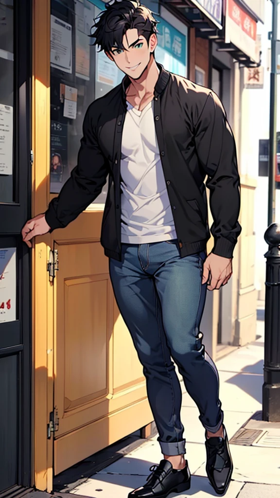 One was dressed in casual clothing、A very handsome man with short black hair and green eyes is facing me.。full-body shot (Best quality Ultra HD 8K, He smiled. The image must show the entire body