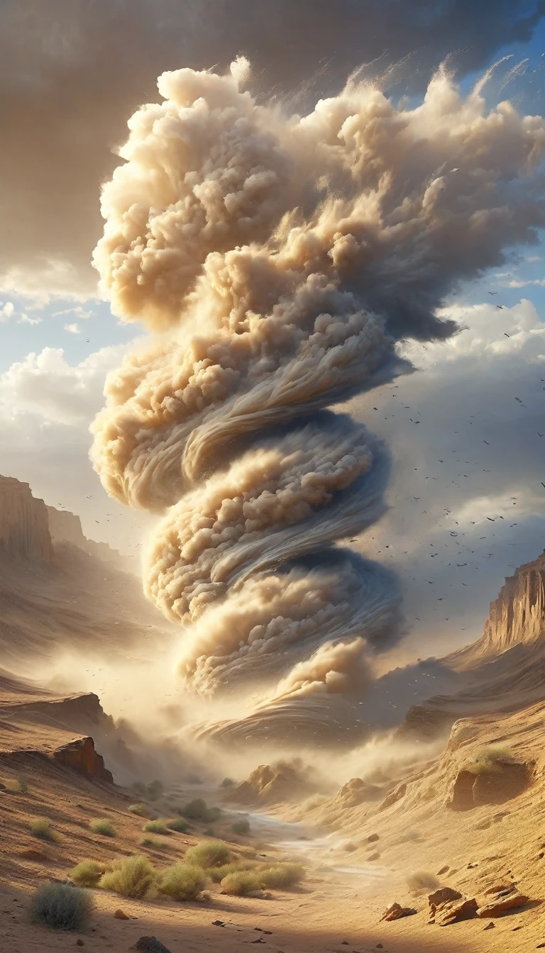 (Desert Canyon:1.5)，A narrow canyon in the middle of the desert,Sandstorm，tornado， in the style of photograph realistic landscapes, stone sculptures, Cabin Core, stone, in the style of photograph realistic landscapes, Cabin Core, Rolling Waves,Decorative background, photograph realistic landscapes, Large canvas format, 32K Ultra HD, photograph, The best quality of imaginary landscapes,4K,8K,High resolution,masterpiece:1.2),Very detailed,(Actual,Realistically,Realistically:1.37),