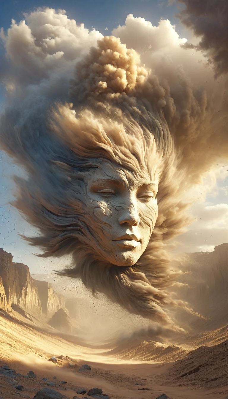 (Desert Canyon:1.5)，A narrow canyon in the middle of the desert,Sandstorm，tornado， in the style of photograph realistic landscapes, stone sculptures, Cabin Core, stone, in the style of photograph realistic landscapes, Cabin Core, Rolling Waves,Decorative background, photograph realistic landscapes, Large canvas format, 32K Ultra HD, photograph, The best quality of imaginary landscapes,4K,8K,High resolution,masterpiece:1.2),Very detailed,(Actual,Realistically,Realistically:1.37),