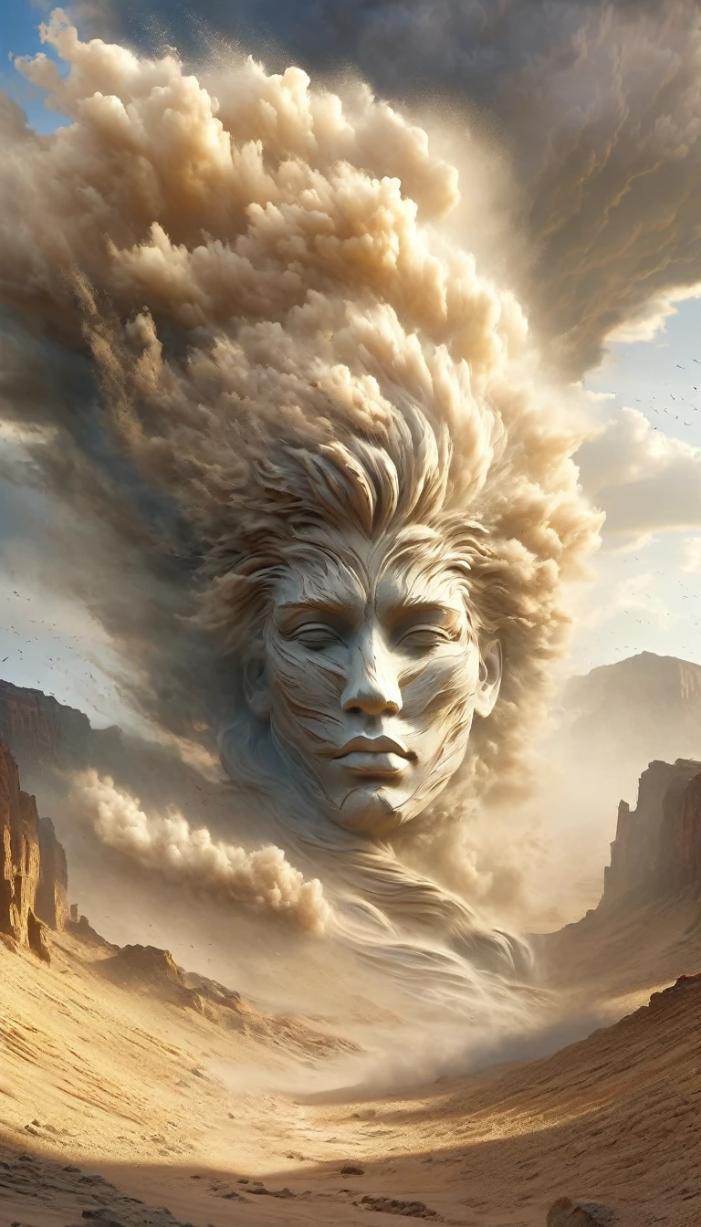 (Desert Canyon:1.5),A narrow canyon in the middle of the desert,Sandstorm,tornado, in the style of photograph realistic landscapes, stone sculptures, Cabin Core, stone, in the style of photograph realistic landscapes, Cabin Core, Rolling Waves,Decorative background, photograph realistic landscapes, Large canvas format, 32K Ultra HD, photograph, The best quality of imaginary landscapes,4K,8K,High resolution,masterpiece:1.2),Very detailed,(Actual,Realistically,Realistically:1.37),