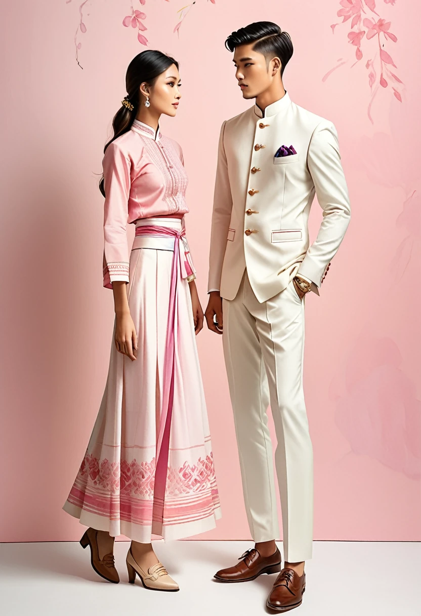 candid fashion illustration of two young man and women, 20-27 year old, adorned in a meticulously crafted North Thai traditional outfits, Lampang, ((showcase fashion Lanna style in cotton handwoven in pink)), simple elegant style, The man wears a simple long-sleeved white mandarin collar suit, paired with Tailor pants, and oxford shoes, The woman complements him with ankle-length Sarong, simple minimal patterns details, fitted intricately decorated waist-length blouse that complements the skirt, standing, Captured in full-body image, ((imperfect water color background)), sketching, realistic drawing, imperfect water color painting, fashion look book, fashion illustrator, sketch design,