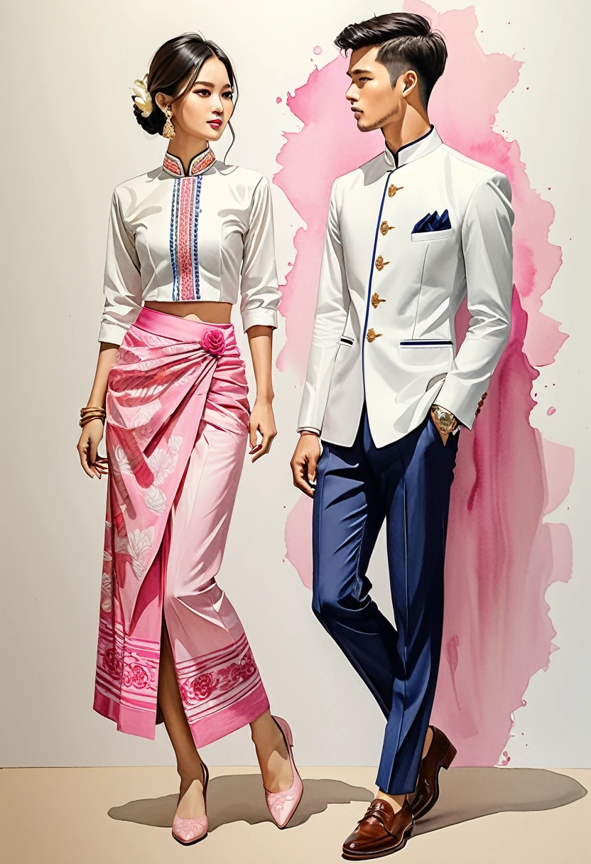 candid fashion illustration of two young man and women, 20-27 year old, adorned in a meticulously crafted North Thai traditional outfits, Lampang, ((showcase fashion Lanna style in cotton handwoven in pink)), simple elegant style, The man wears a simple long-sleeved white mandarin collar suit, paired with Tailor pants, and oxford shoes, The woman complements him with ankle-length Sarong, simple minimal patterns details, fitted intricately decorated waist-length blouse that complements the skirt, standing, Captured in full-body image, ((imperfect water color background)), sketching, realistic drawing, imperfect water color painting, fashion look book, fashion illustrator, sketch design,