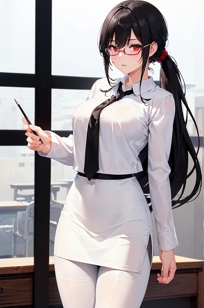 (masterpiece; best quality: 1.2), (finely detailed eyes: 1.3), ((25 year old woman)), ((solo)), (red eyes: 1.4), (body; gorgeous, soft, femenine: 1.3), (silky black hair + low ponytail: 1.3), (beautiful and clear background: 1.2), ((depth of field)), (equipment: white open labcoat + black shirt + white necktie + black long pencil skirt + black pantyhose + black square glasses: 1.3), (anime illustration: 1.2), (background composition; japanese highschool classroom + furniture: 1.1), (extremely fine and beautiful: 1.1), (shot composition; standing + centered on torso + close-up: 1.5), (expression; calm, stoic: 1.2)