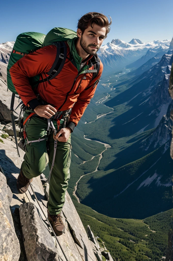 Attractive man with green eyes doing mountaineering