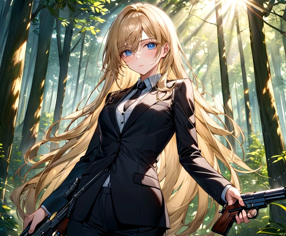 girl、beautiful、Blonde、Long Hair、Black suit、solo、blue eyes、Highest quality、masterpiece、Clear focuinimally revealing clothing、Mature Woman、Perfect Body、Highly detailed eye depiction、Sunlight filtering through the trees、Agent、Gun in hand、rest