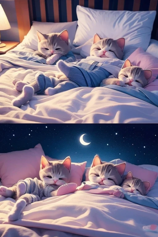 Kitten sleeping on bed、Fantasy、Late Night