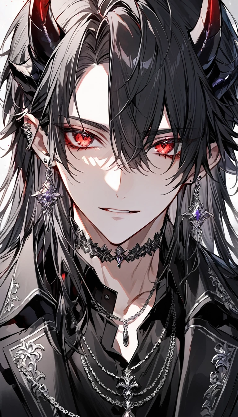 alone, good looking, 1 male, Long hair, Middle parted hair, Black hair, Red eyes, Black shirt, White Thailand, Black Trench Coat, Royal Silver Jewellery, Royal Demon Earrings, Black horns, Front Facing, Vtuber Front Facing Camera