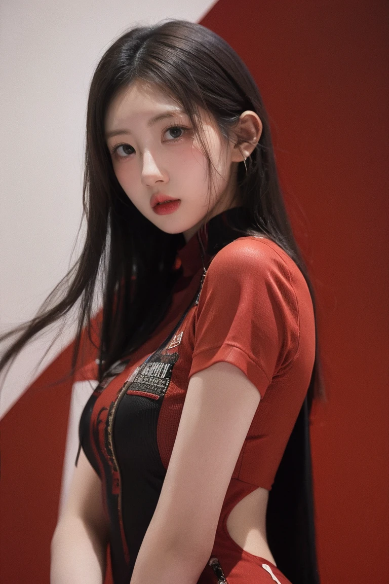 21yo girl, dress, red background