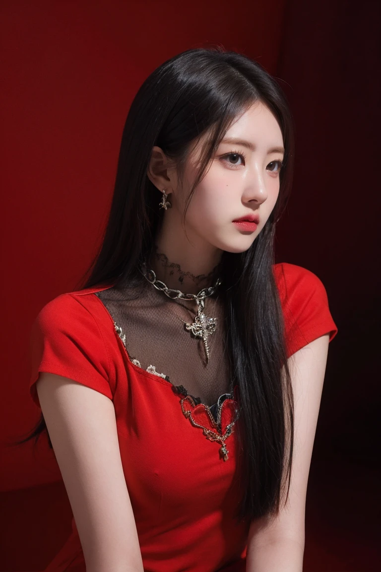 21yo girl, dress, red background 