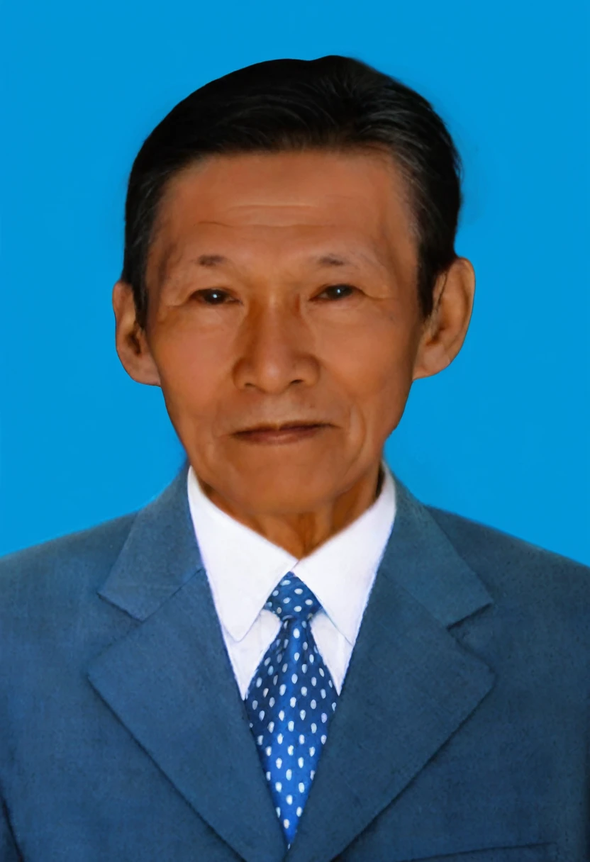 Highly realistic photo, Portrait of a 65 year old Vietnamese old man, blue suit