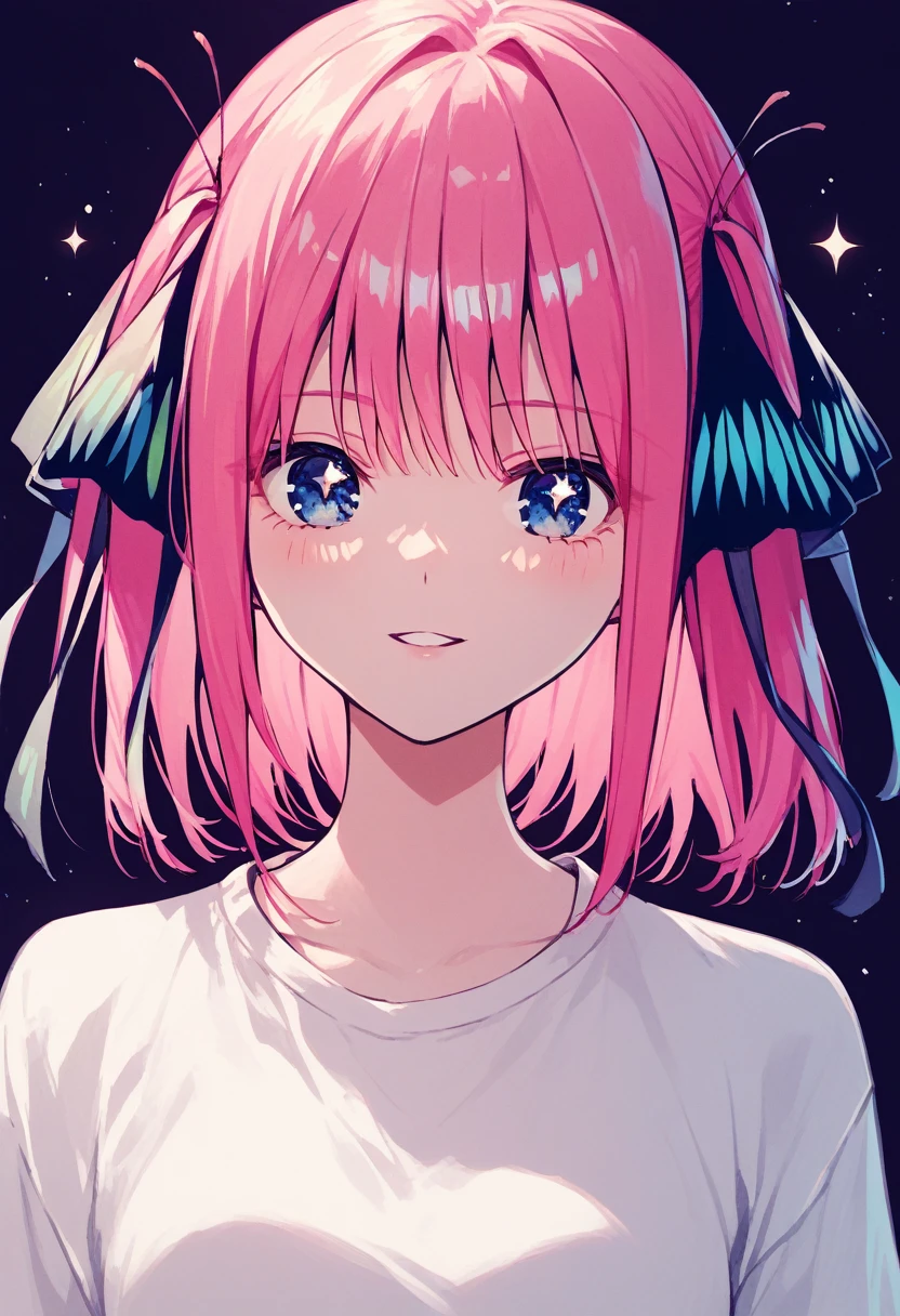 girl, pink hair, dark background, nino nakano, score_9, score_8_up, score_7_up, score_6_up, source anime,  pink hair, blue eyes, sparkling eyes, nakano nino, pink hair, butterfly hair ornament, oninpnxl,