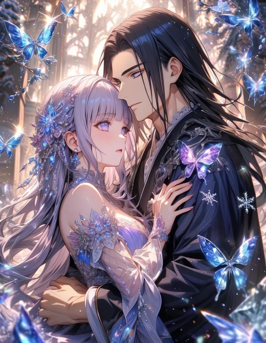 Ultra detailed, HDR, Highres, absurdres, master piece, Hyuga Neji, black long hair, expressive light purple eyes, Hyuga Hinata, dark blue long hair with bangs, expressive light purple eyes, Naruto Shippuden, a handsome man together with a beautiful woman, couple, glass, ice glittering butterflies, ice, petals, pink ice glass flowers, cute, glittering, water, fantasy, magical, snowflakes, cold, glass