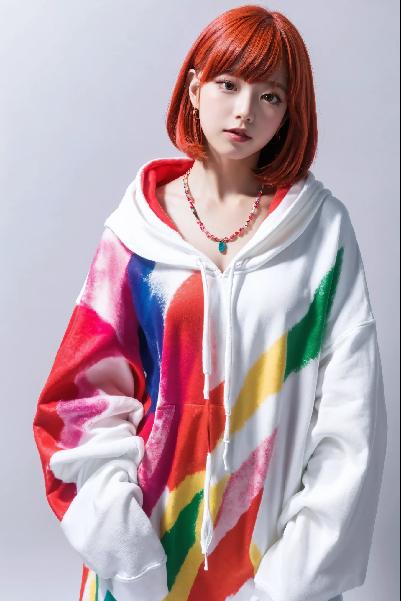 Full body portrait、(Highest quality, 8K, 32k, masterpiece, Ultra-high resolution:1.2),Beautiful Japanese Women Photos, Rainbow clothes、Rainbow hoodie、Large Breasts, Very short bob hair,Red hair, necklace, Simple Background, From above, View your viewers、Rainbow Hair、White background、peace sign、Pause.Colorful clothes、White background、Colorful hair、White background
