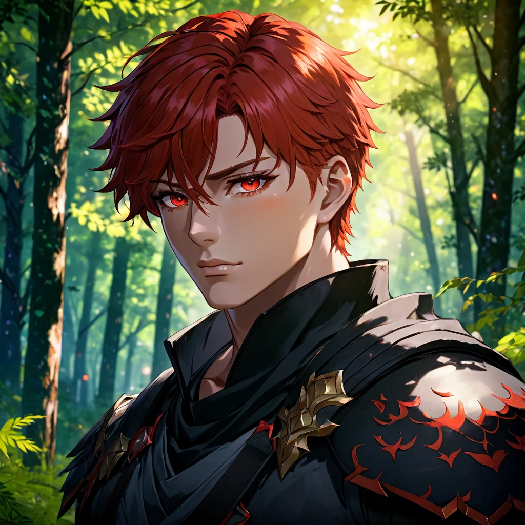 A beautiful muscular man with red hair and red eyes, a strong jawline, posing in a forest, Genshin inspired, close-up portrait, dark-haired boy, Niji style, (best lighting,ultra-fine painting,sharp focus,physically-based rendering,extreme detail description,professional,vivid colors,bokeh