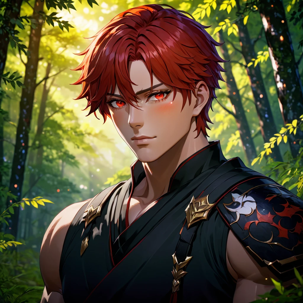 A beautiful muscular man with red hair and red eyes, a strong jawline, posing in a forest, Genshin inspired, close-up portrait, dark-haired boy, Niji style, (best  lighting,ultra-fine painting,sharp focus,physically-based rendering,extreme detail description,professional,vivid colors,bokeh