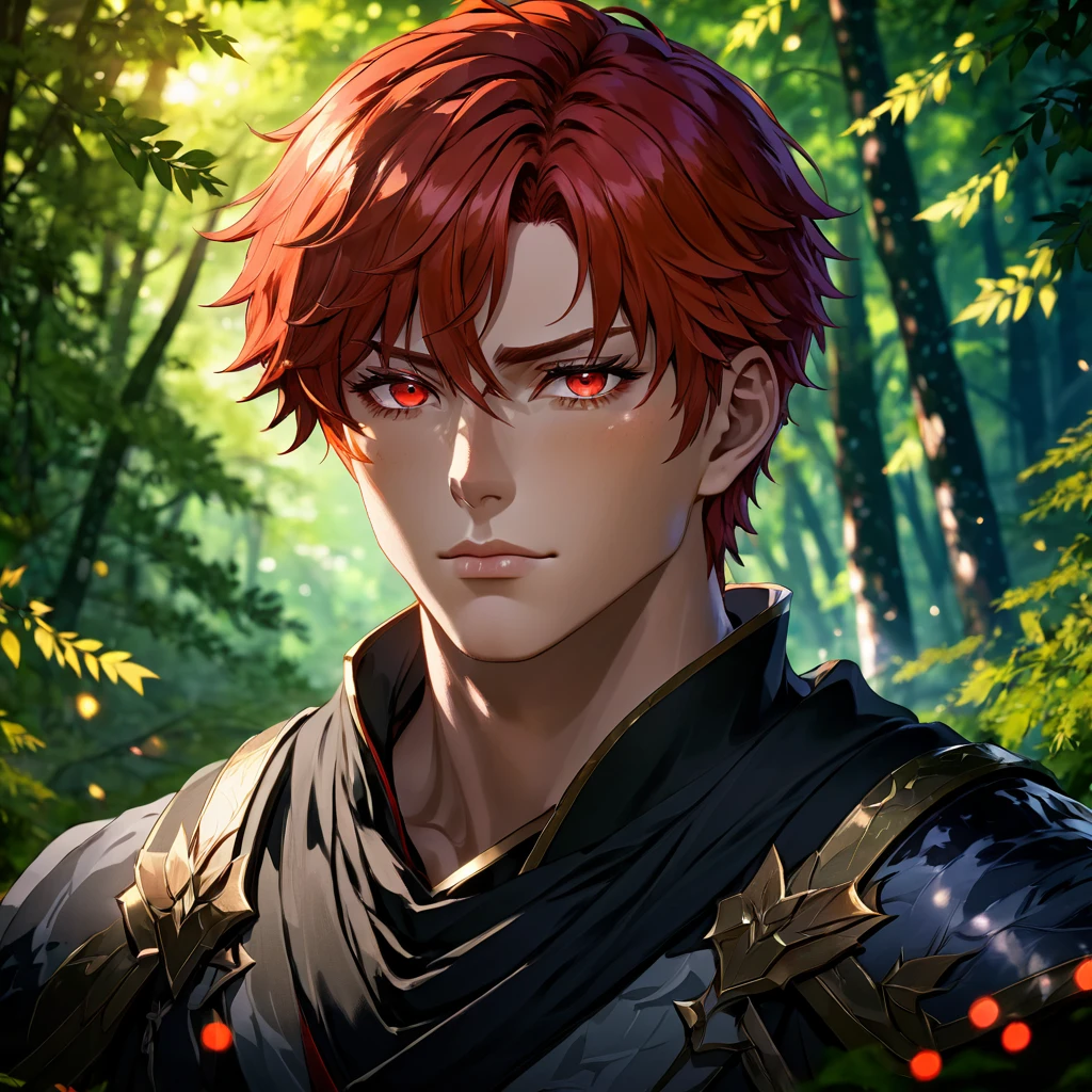 A beautiful muscular man with red hair and red eyes, a strong jawline, posing in a forest, Genshin inspired, close-up portrait, dark-haired boy, Niji style, (best lighting,ultra-fine painting,sharp focus,physically-based rendering,extreme detail description,professional,vivid colors,bokeh