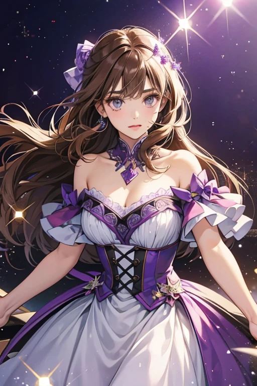 Harmonie has brown hair and grey eyes. She is shown wearing a purple. SPARKLE; GLITTER