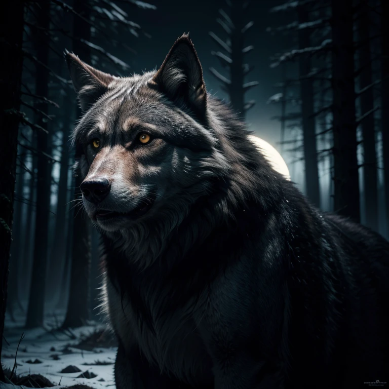 a lone wolf, night, dark forest, moonlit, glowing eyes, howling, detailed fur texture, realistic, cinematic lighting, dramatic, moody, atmospheric, intricate details, high quality, 8k, hyperrealistic, award winning, artstation