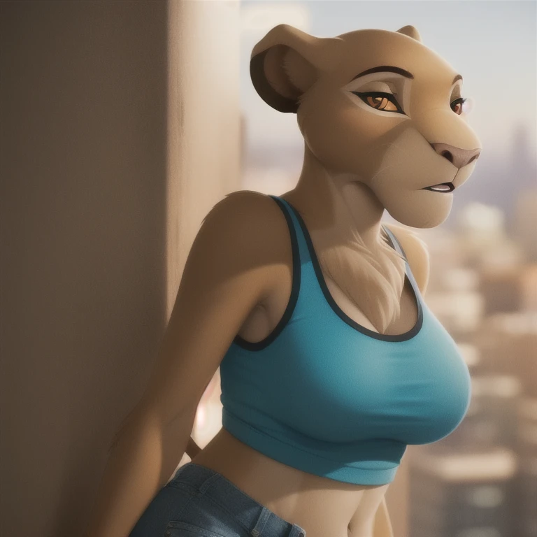 sarabi, furry female anthro, lion girl, portrait, close-up, fur trim, solo, (body fur:1.2), (best quality), (detailed urban background:1.2), dramatic lighting, (detailed fluffy fur:1.1), three-quarter view, big breasts, pink crop top, jean shorts, bedroom eyes, looking at viewer